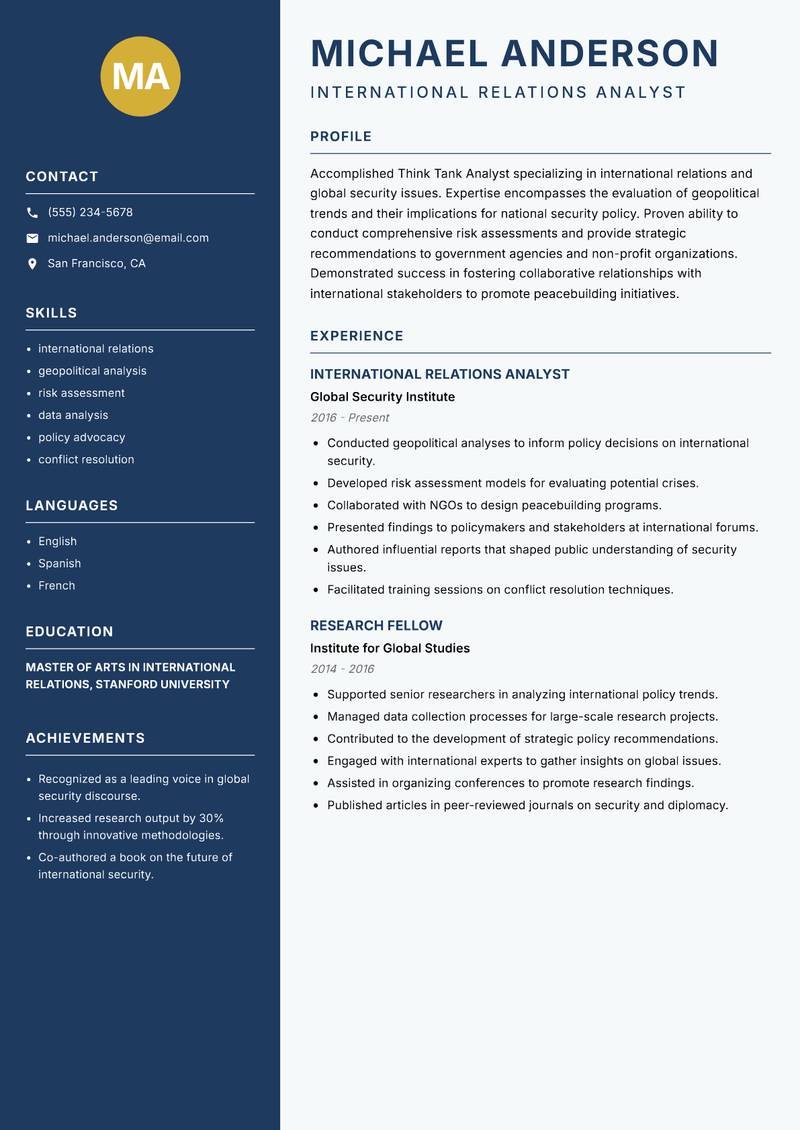 Think Tank Analyst resume sample — International Relations Analyst focus