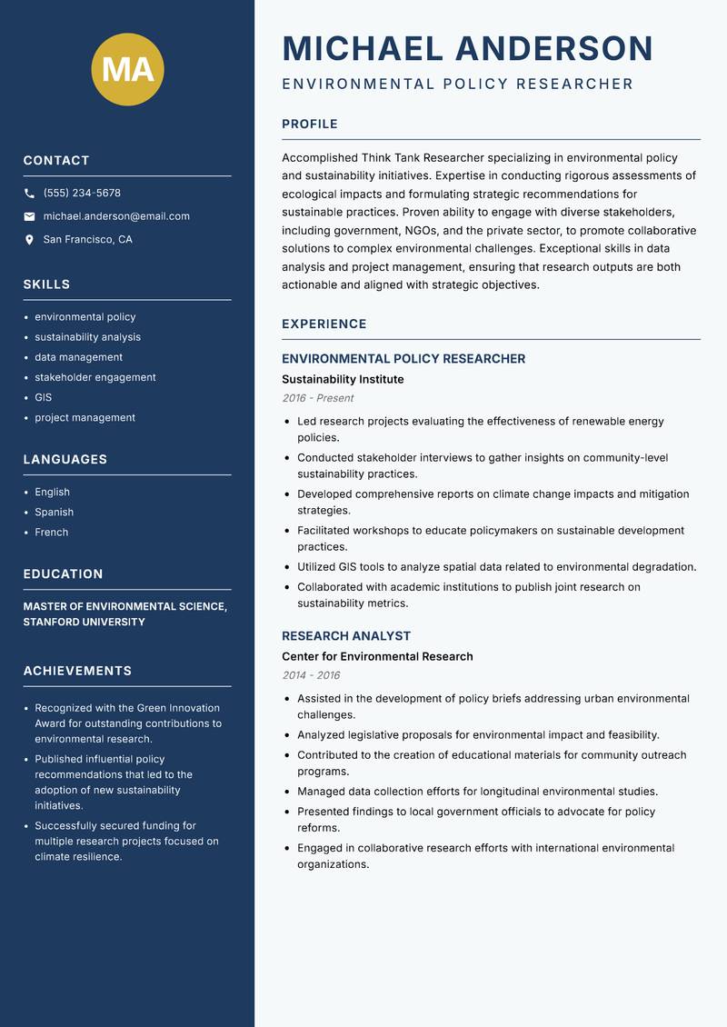 Think Tank Researcher resume sample — Environmental Policy Researcher focus