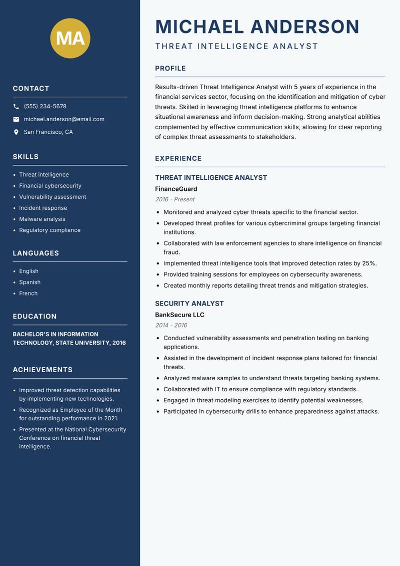 Threat Intelligence Analyst resume sample — Threat Intelligence Analyst focus