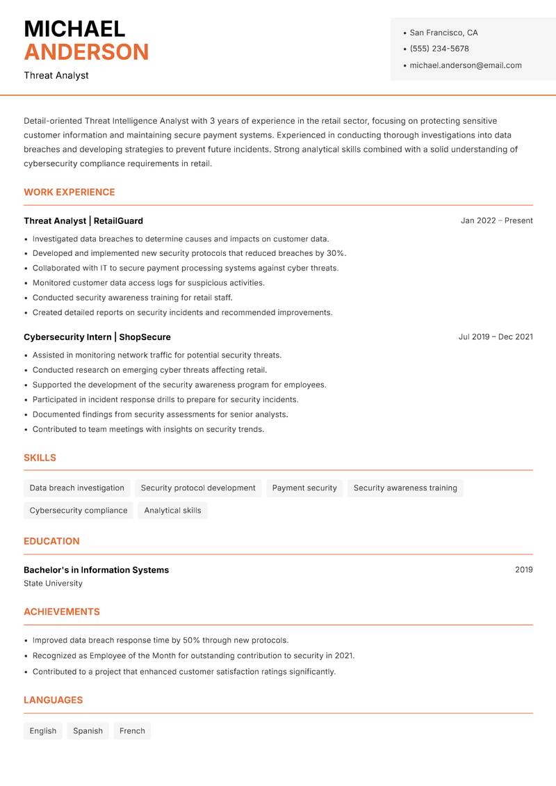 Threat Intelligence Analyst resume sample — Threat Analyst focus