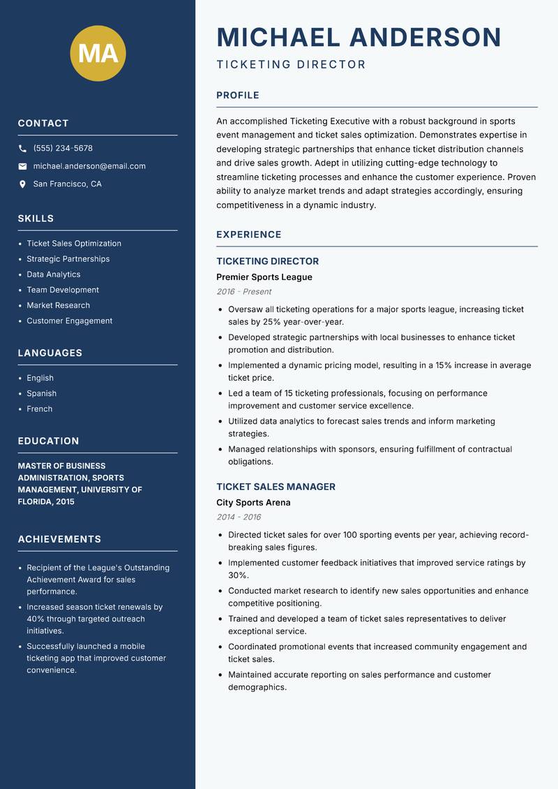 Ticketing Executive resume sample — Ticketing Director focus