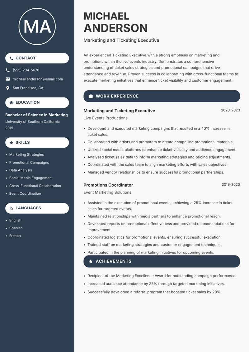 Ticketing Executive resume sample — Marketing and Ticketing Executive focus