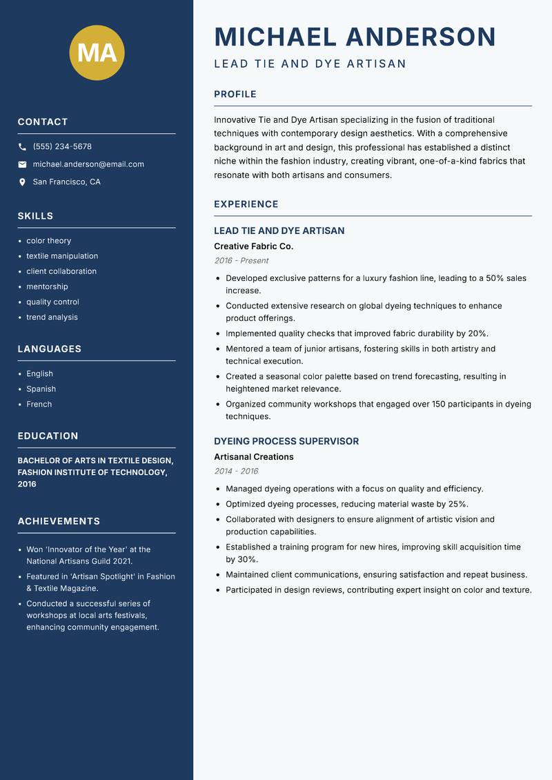 Tie and Dye Artisan resume sample — Lead Tie and Dye Artisan focus