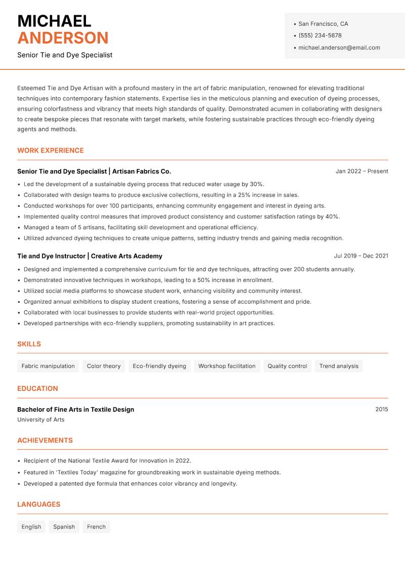 Tie and Dye Artisan resume sample — Senior Tie and Dye Specialist focus