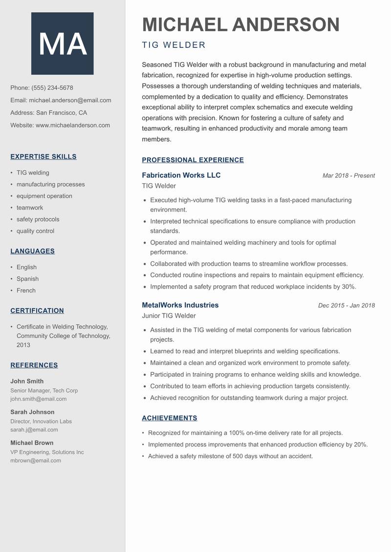 TIG Welder resume sample — TIG Welder focus