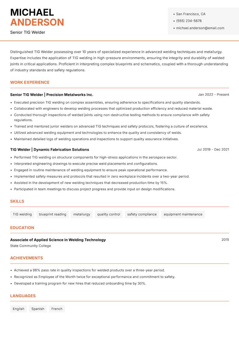 TIG Welder resume sample — Senior TIG Welder focus