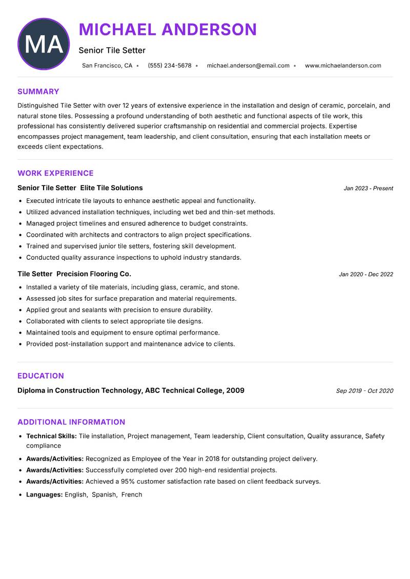 Tile Setter resume example