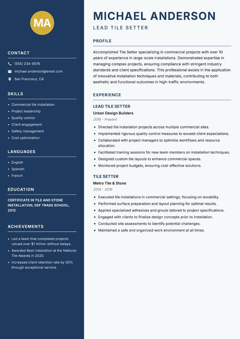 Tile Setter resume sample — Lead Tile Setter focus