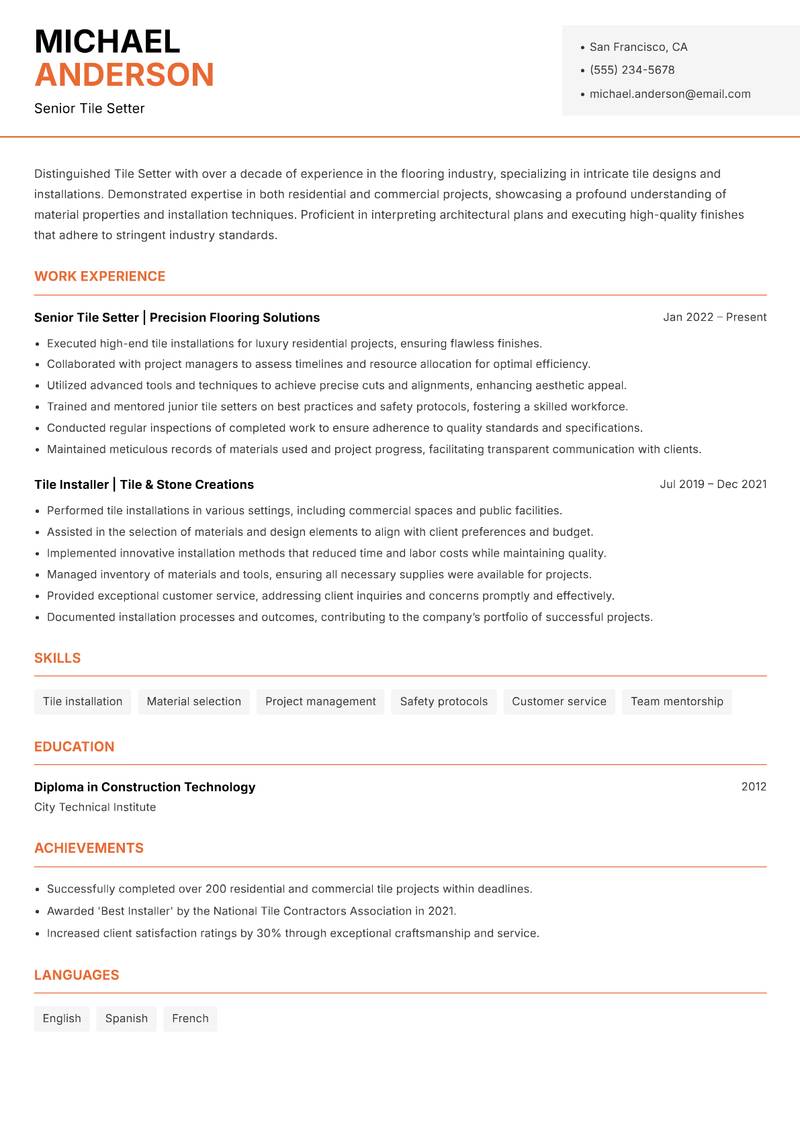 Tile Setter resume sample — Senior Tile Setter focus
