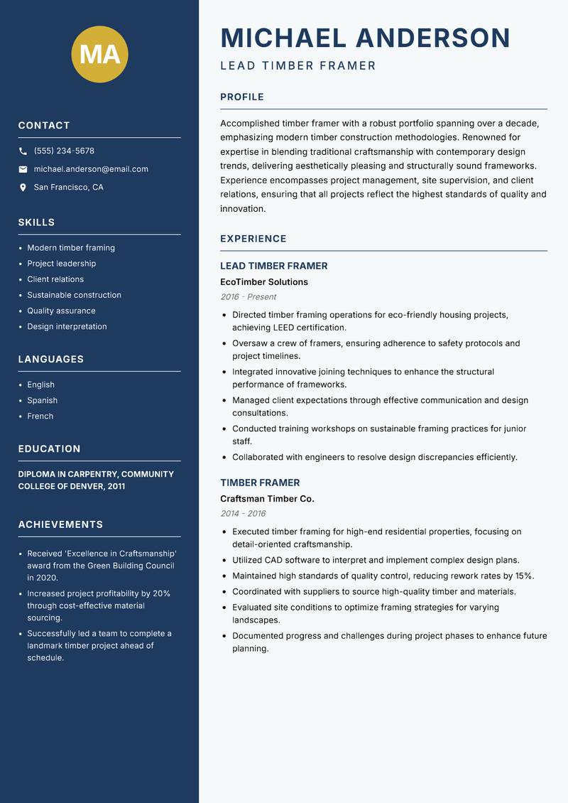 Timber Framer resume sample — Lead Timber Framer focus