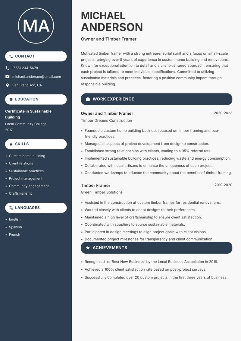 Timber Framer resume sample — Owner and Timber Framer focus