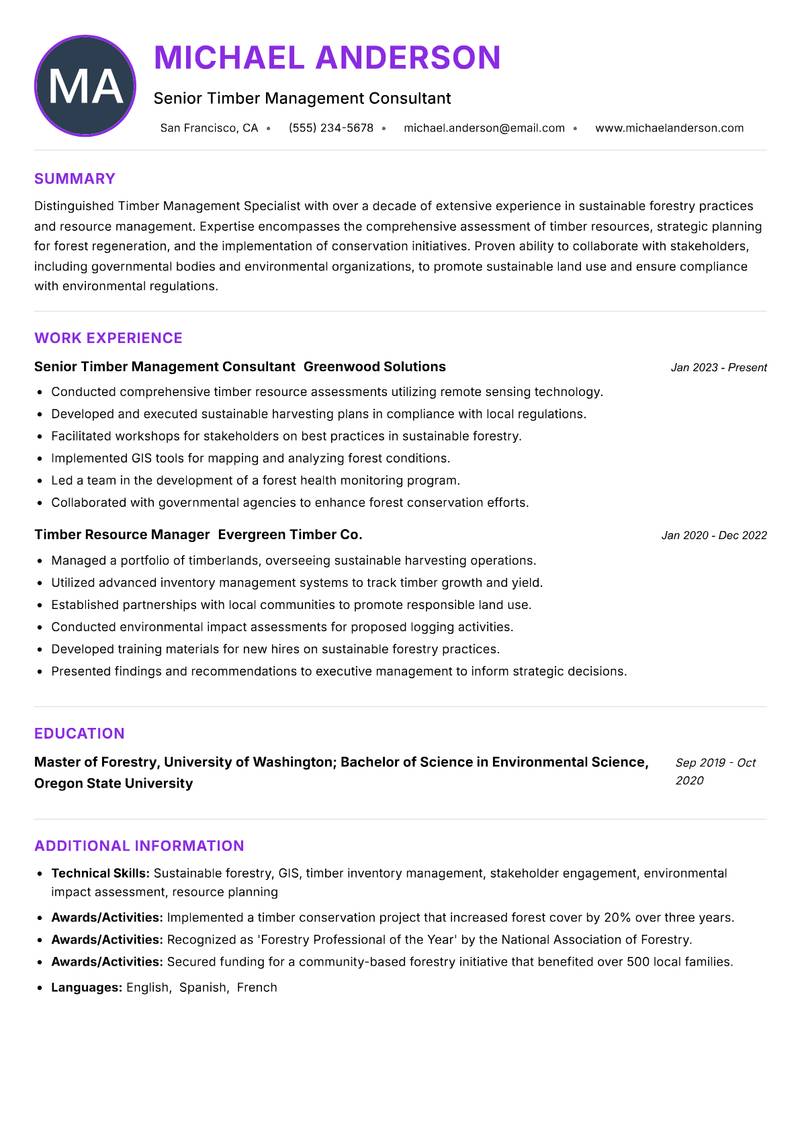 Timber Management Specialist resume example