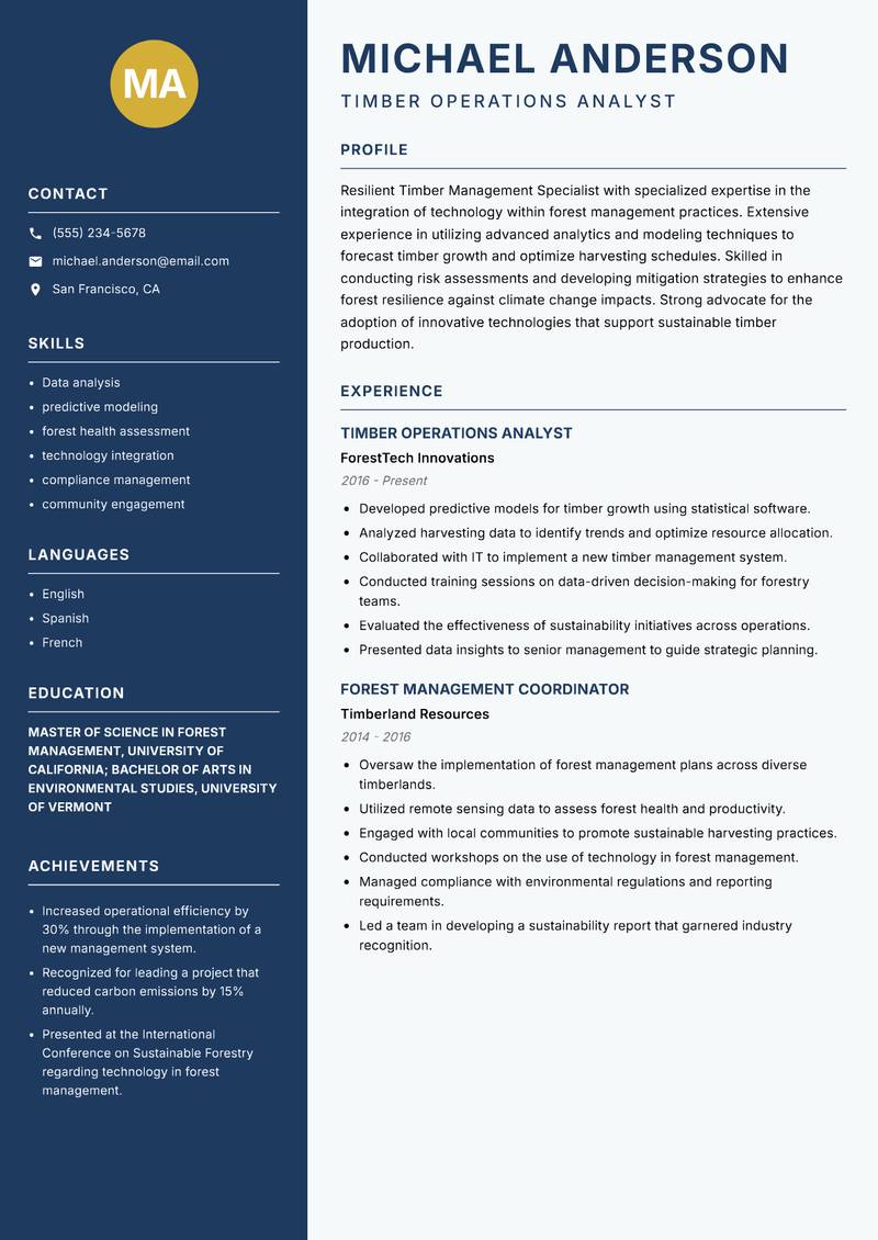 Timber Management Specialist resume sample — Timber Operations Analyst focus