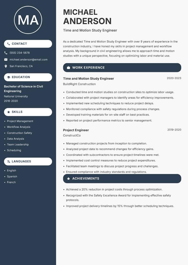 Time and Motion Study Engineer resume sample — Time and Motion Study Engineer focus