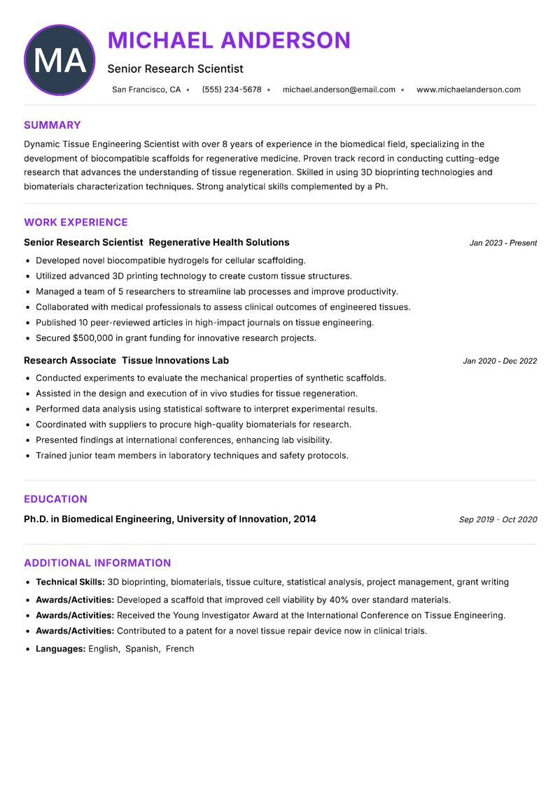 Tissue Engineering Scientist resume example
