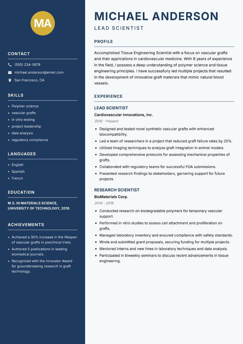 Tissue Engineering Scientist resume sample — Lead Scientist focus