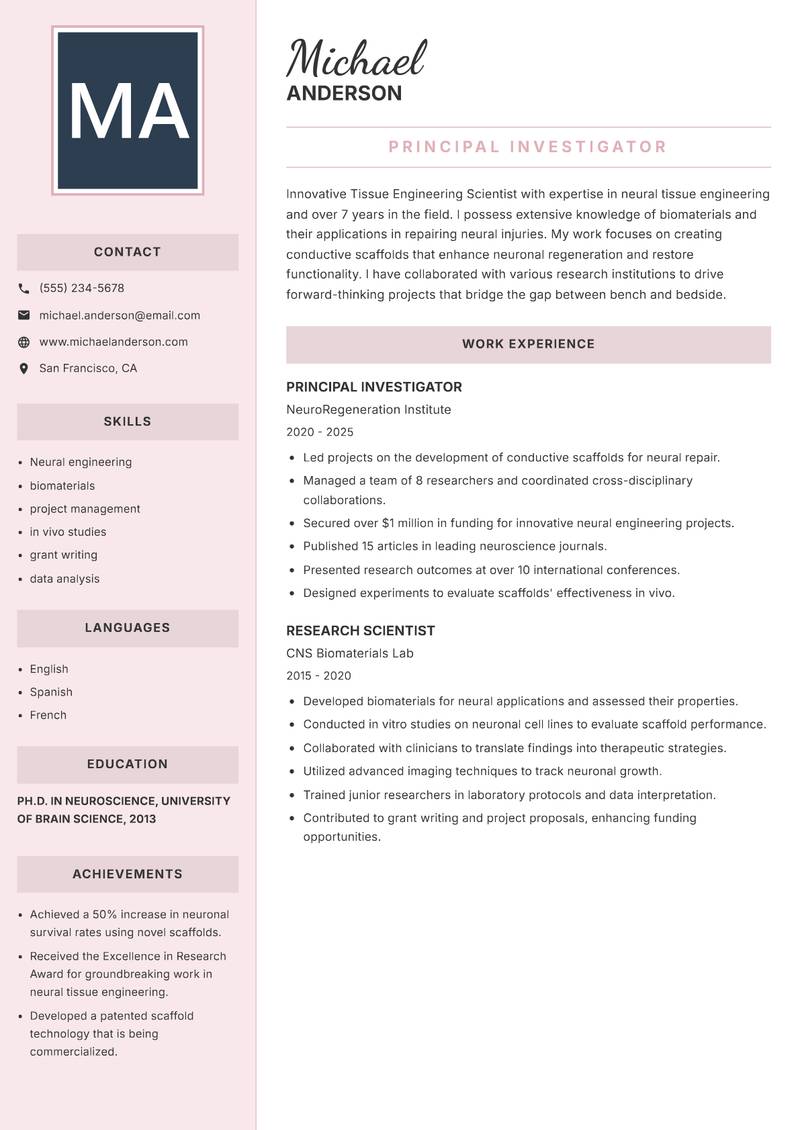 Tissue Engineering Scientist resume sample — Principal Investigator focus
