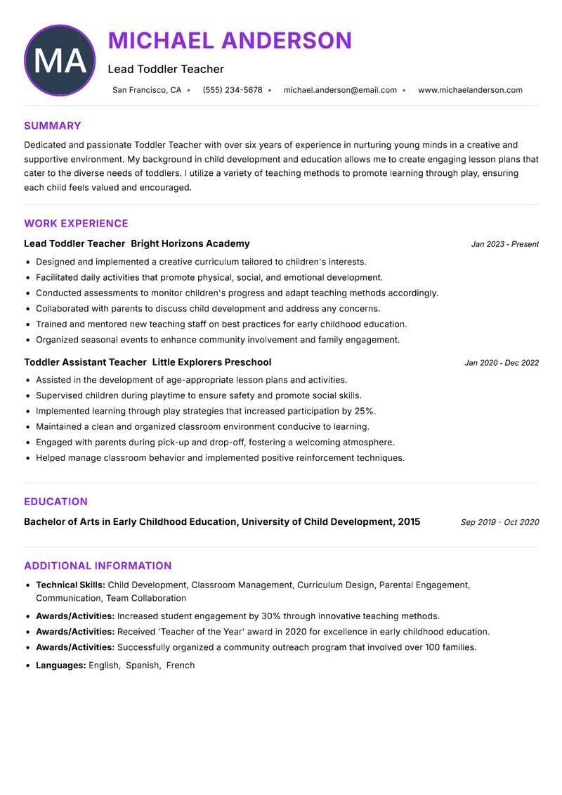 Toddler Teacher resume example