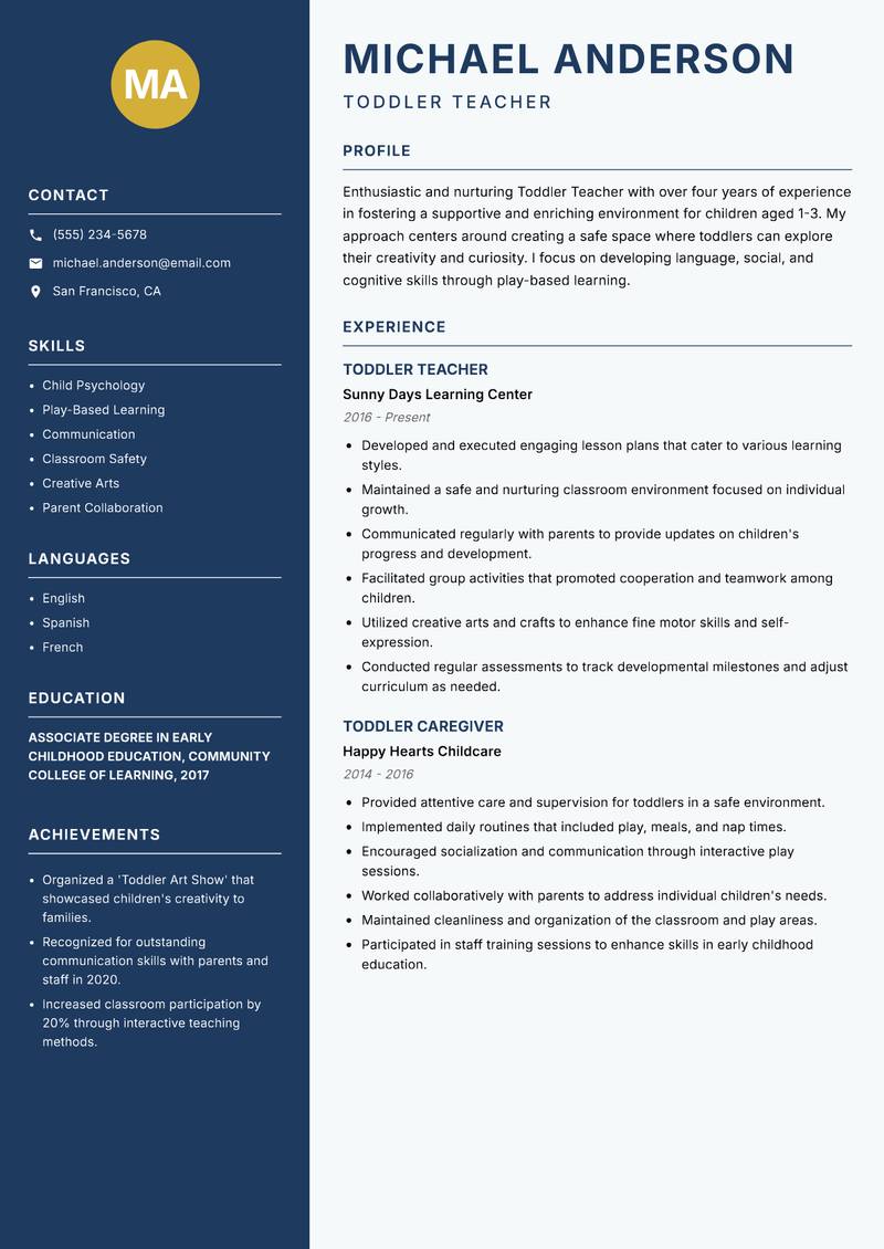 Toddler Teacher resume sample — Toddler Teacher focus
