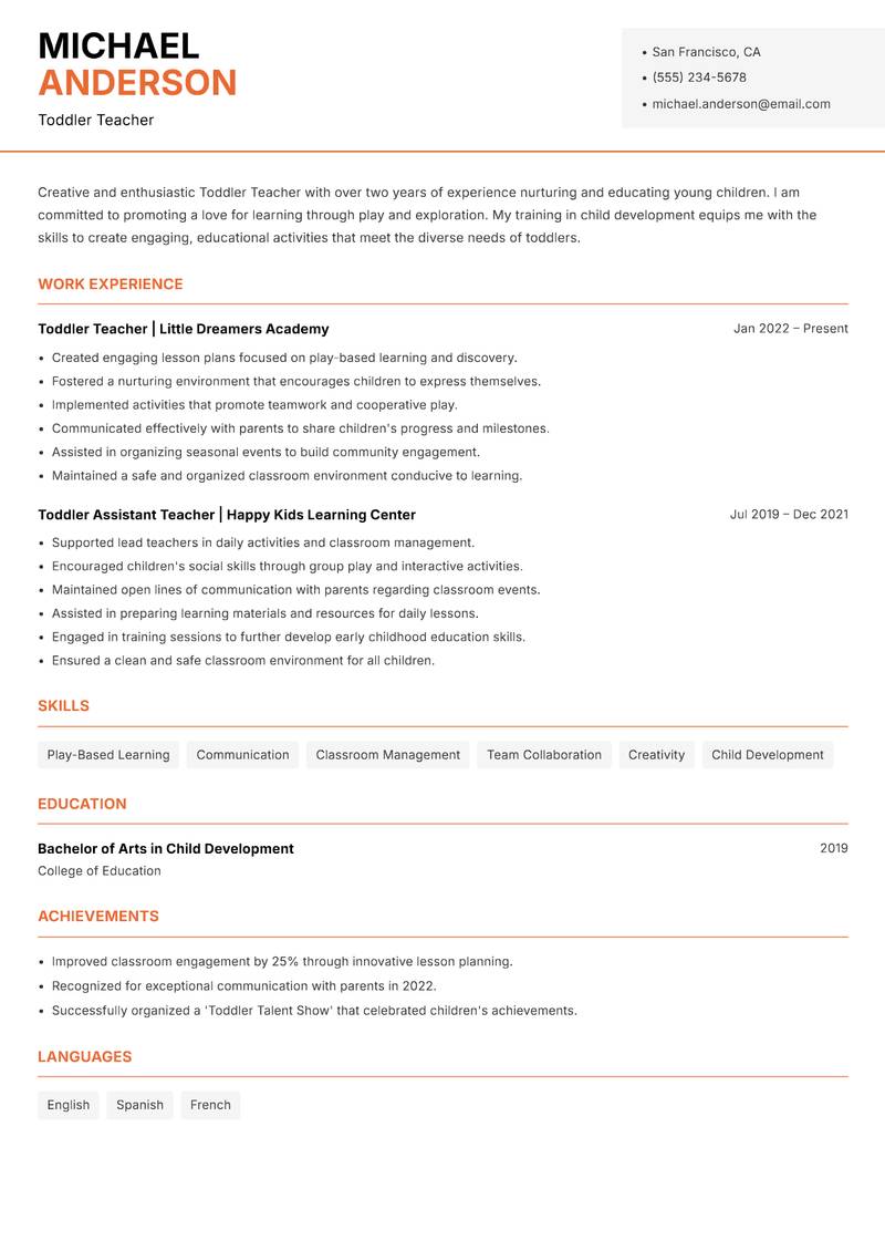 Toddler Teacher resume sample — Toddler Teacher focus