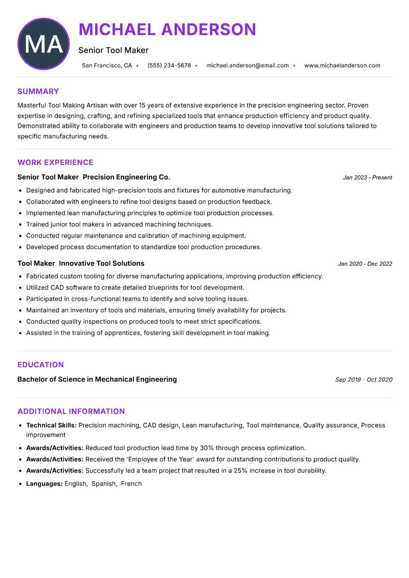 Tool Making Artisan resume example