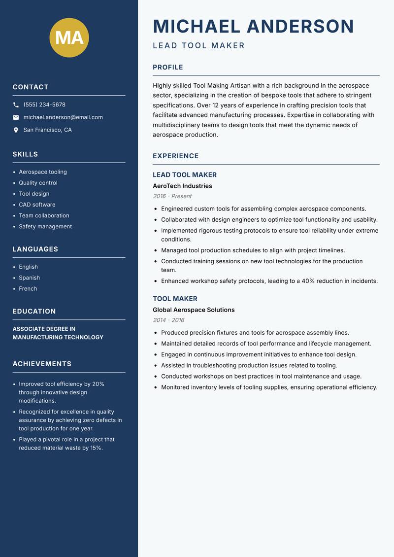 Tool Making Artisan resume sample — Lead Tool Maker focus