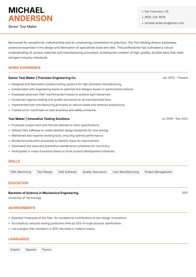 Tool Making Artisan resume sample — Senior Tool Maker focus