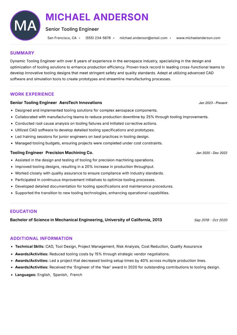 Tooling Engineer resume example