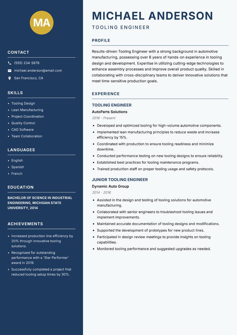 Tooling Engineer resume sample — Tooling Engineer focus