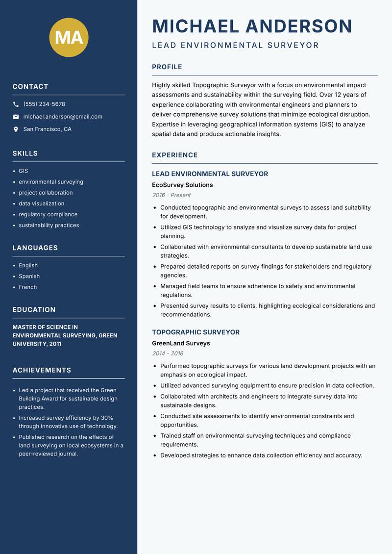 Topographic Surveyor resume sample — Lead Environmental Surveyor focus
