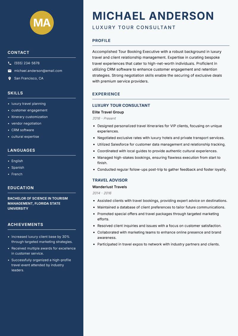 Tour Booking Executive resume sample — Luxury Tour Consultant focus