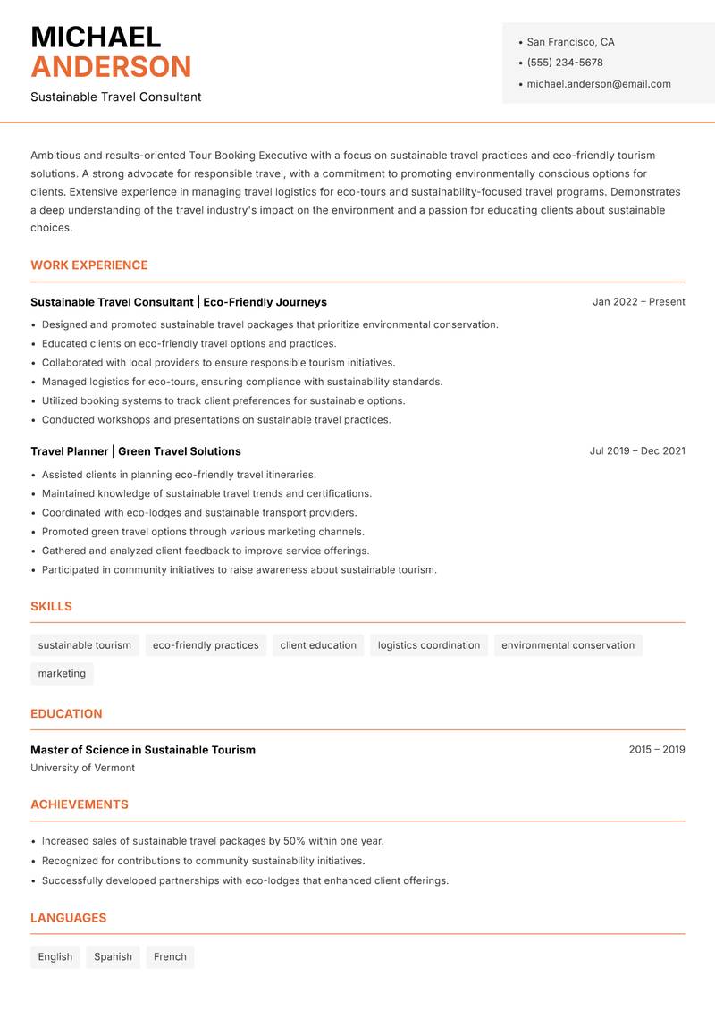 Tour Booking Executive resume sample — Sustainable Travel Consultant focus