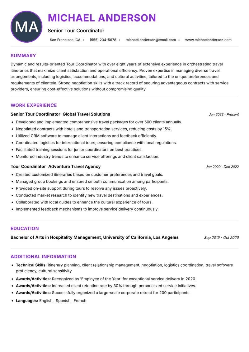 Tour Coordinator resume example
