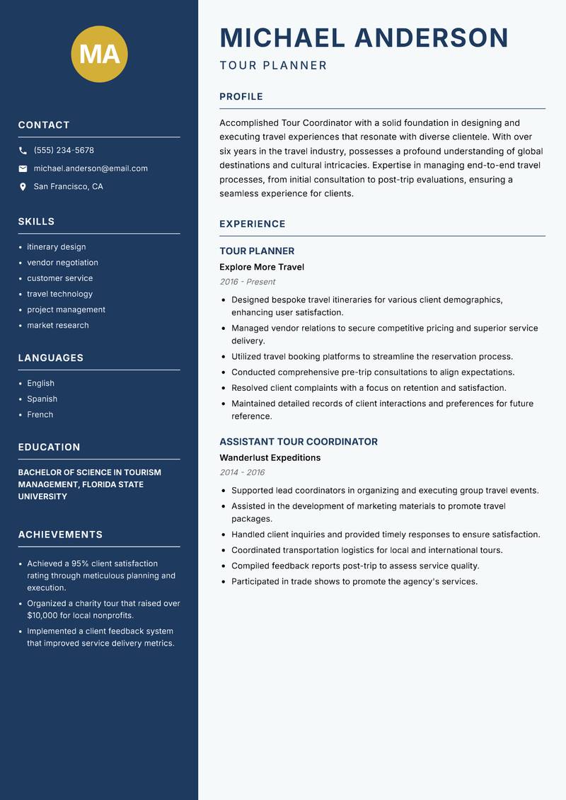 Tour Coordinator resume sample — Tour Planner focus