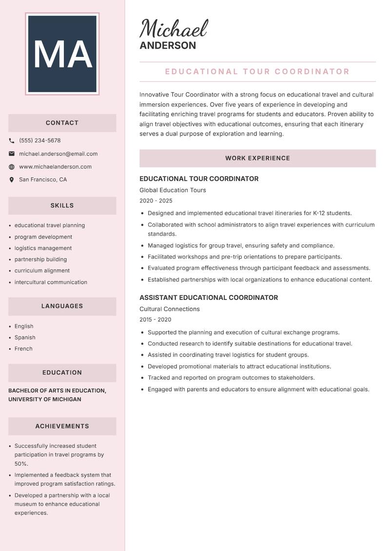 Tour Coordinator resume sample — Educational Tour Coordinator focus