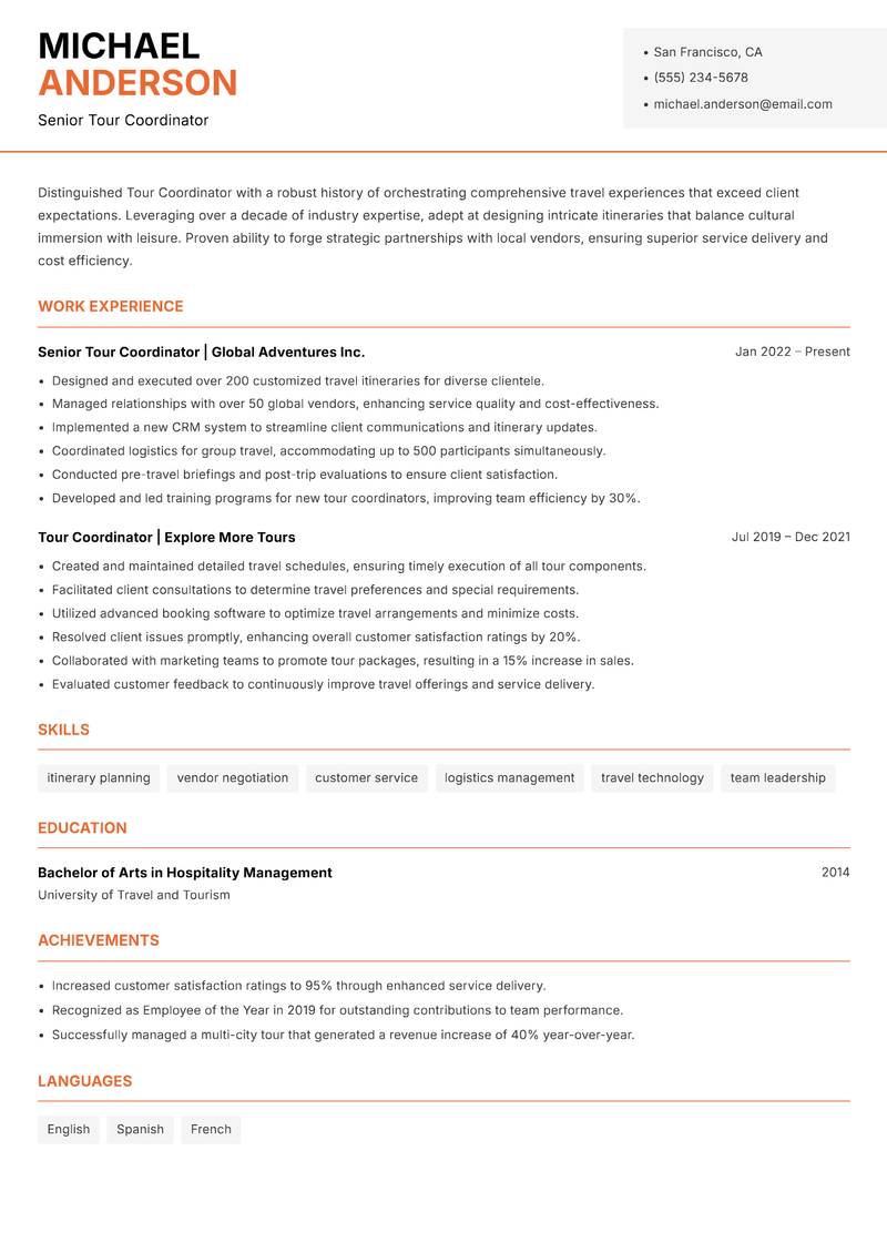 Tour Coordinator resume sample — Senior Tour Coordinator focus