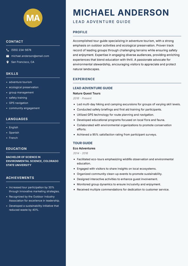 Tour Guide resume sample — Lead Adventure Guide focus