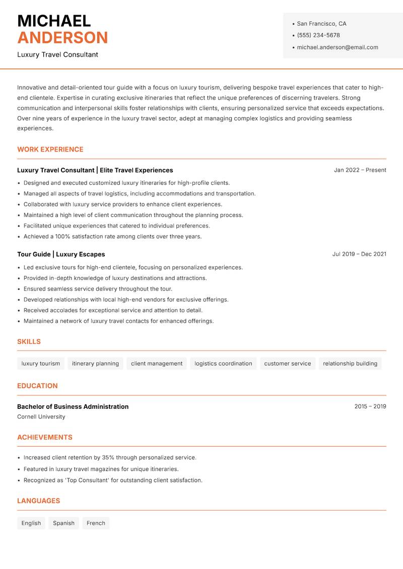 Tour Guide resume sample — Luxury Travel Consultant focus