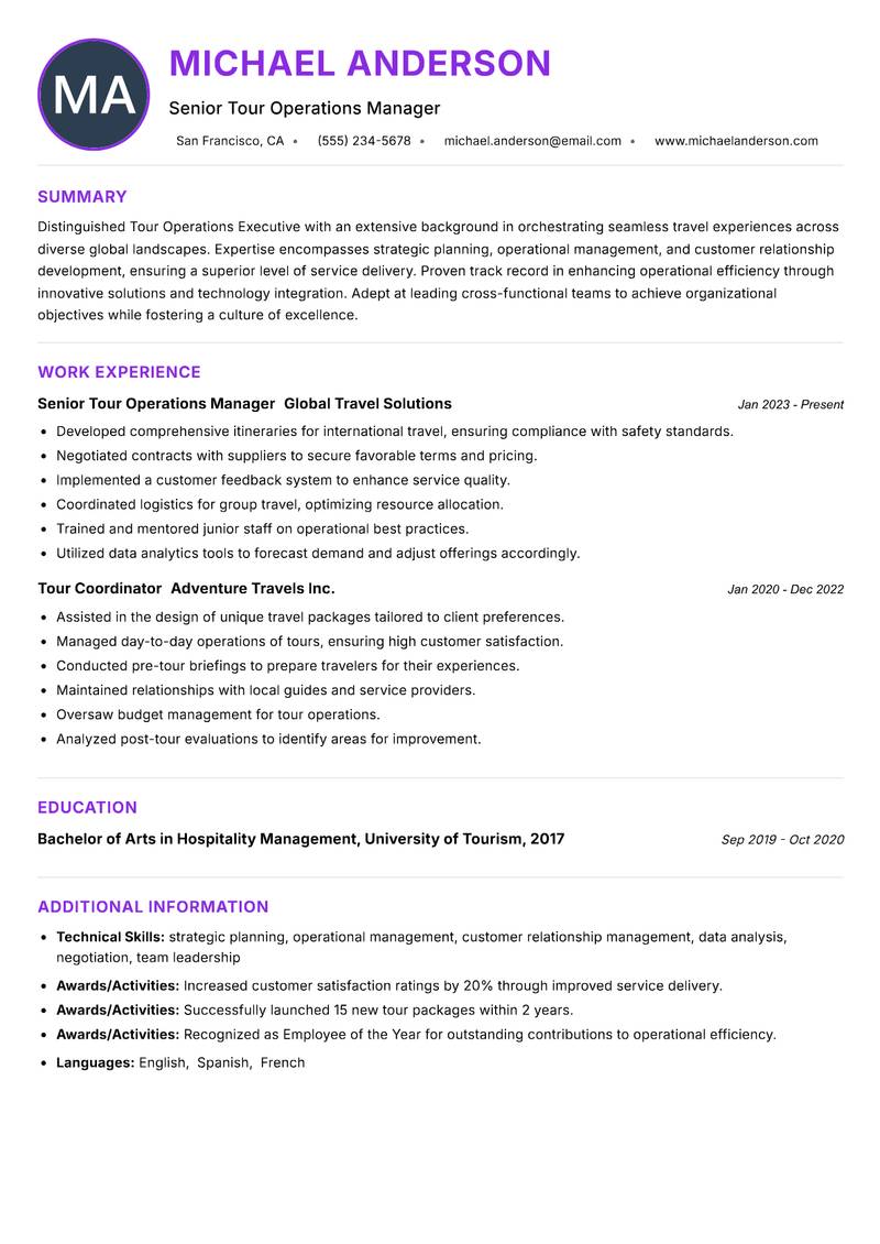 Tour Operations Executive resume example