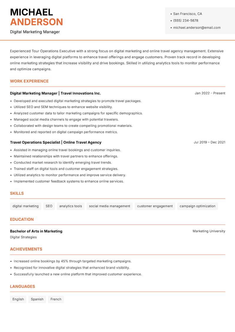 Tour Operations Executive resume sample — Digital Marketing Manager focus