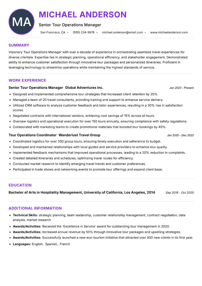 Tour Operations Manager resume example