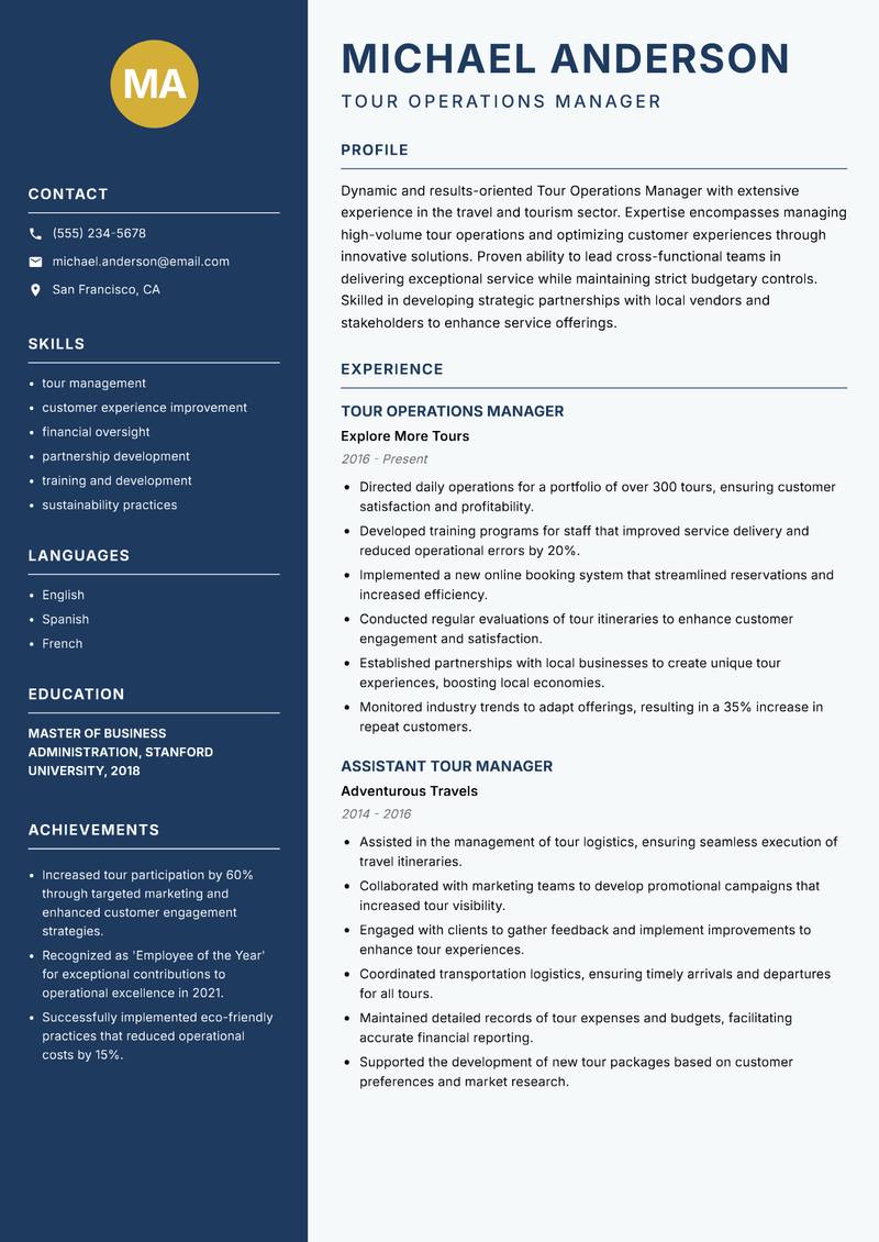 Tour Operations Manager resume sample — Tour Operations Manager focus