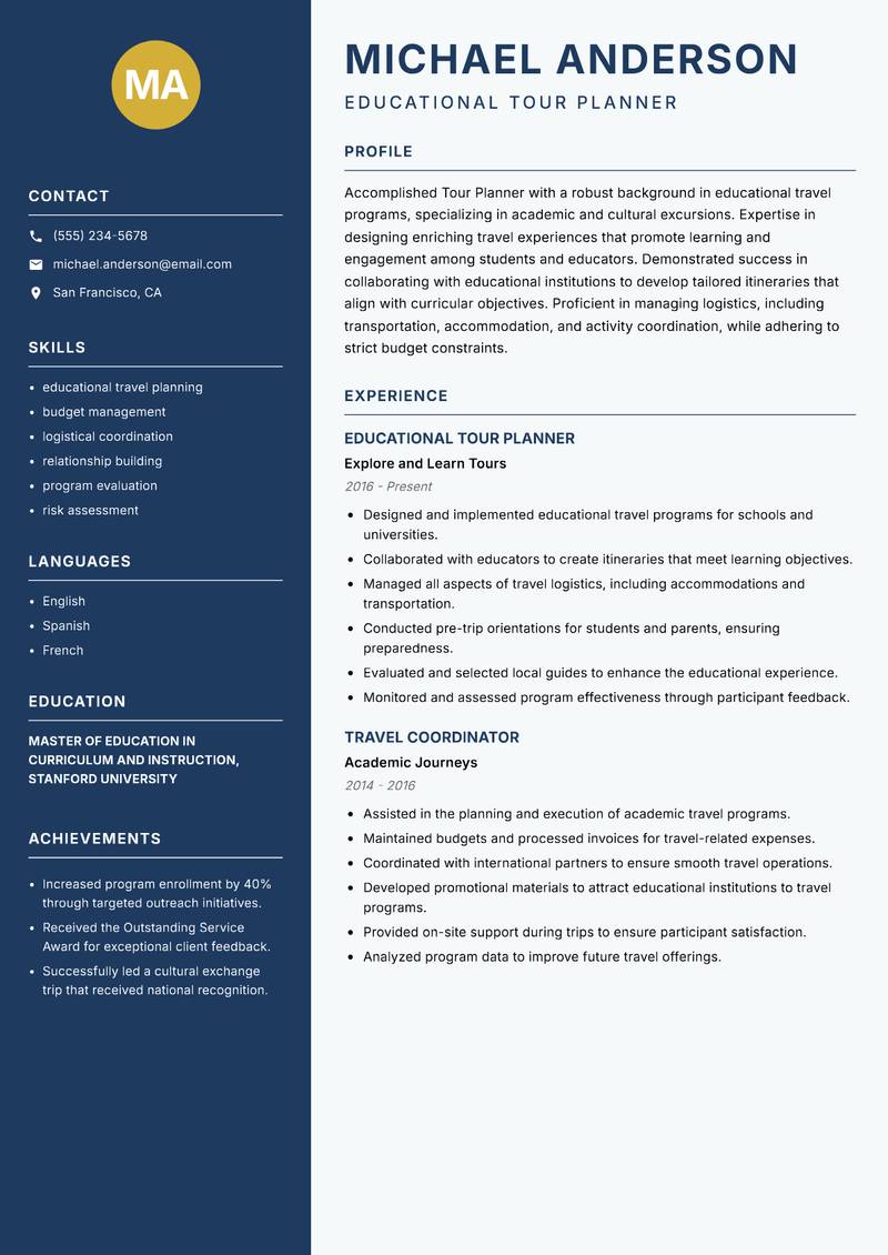 Tour Planner resume sample — Educational Tour Planner focus