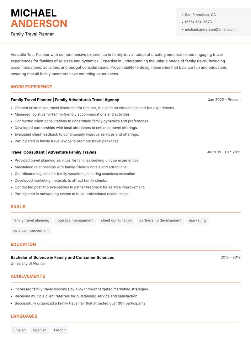 Tour Planner resume sample — Family Travel Planner focus