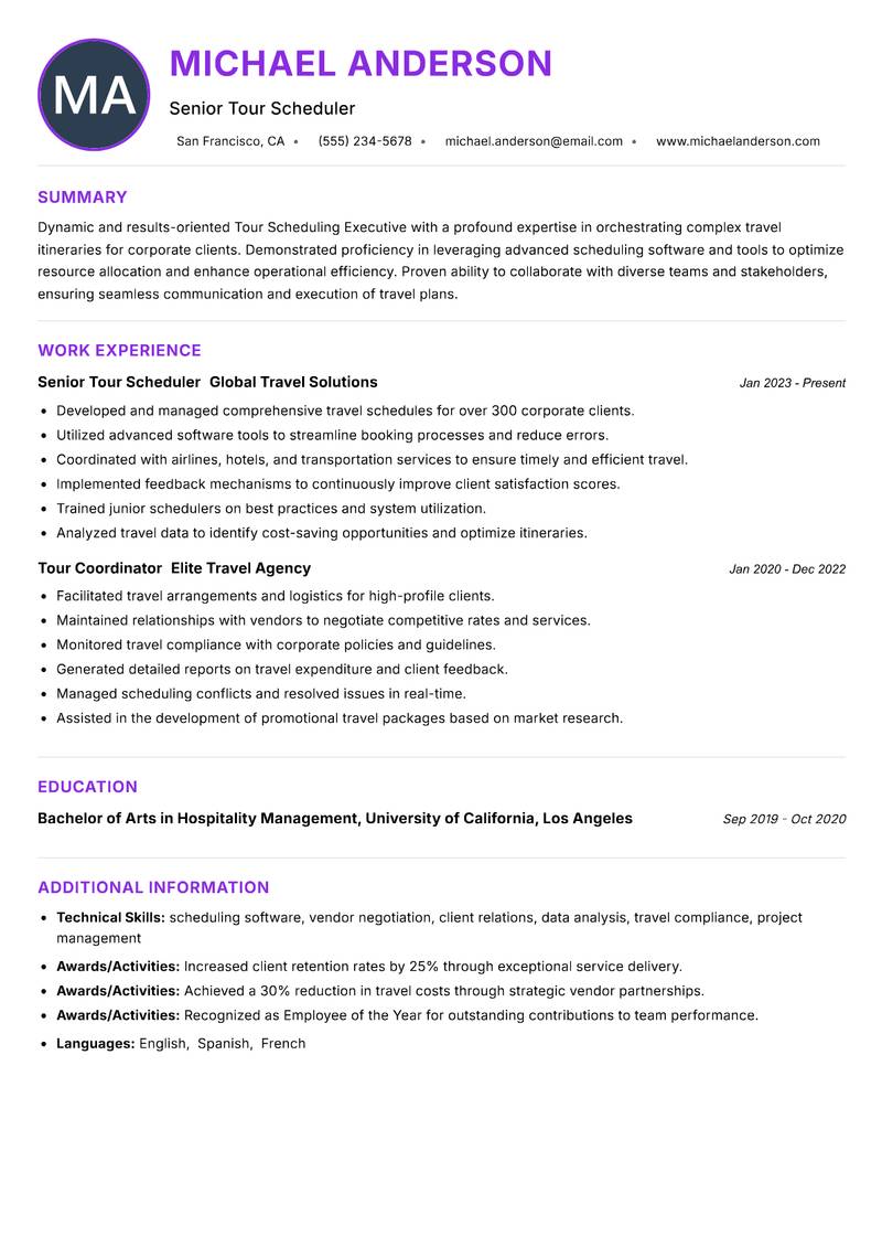 Tour Scheduling Executive resume example