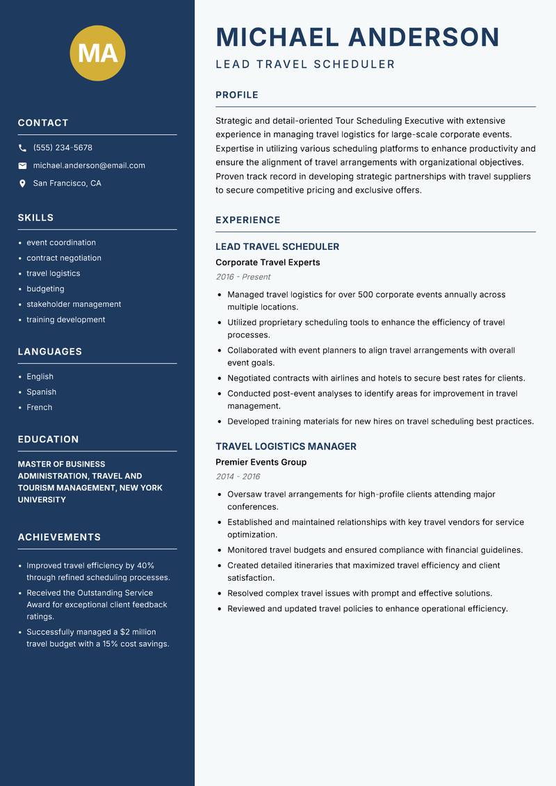 Tour Scheduling Executive resume sample — Lead Travel Scheduler focus