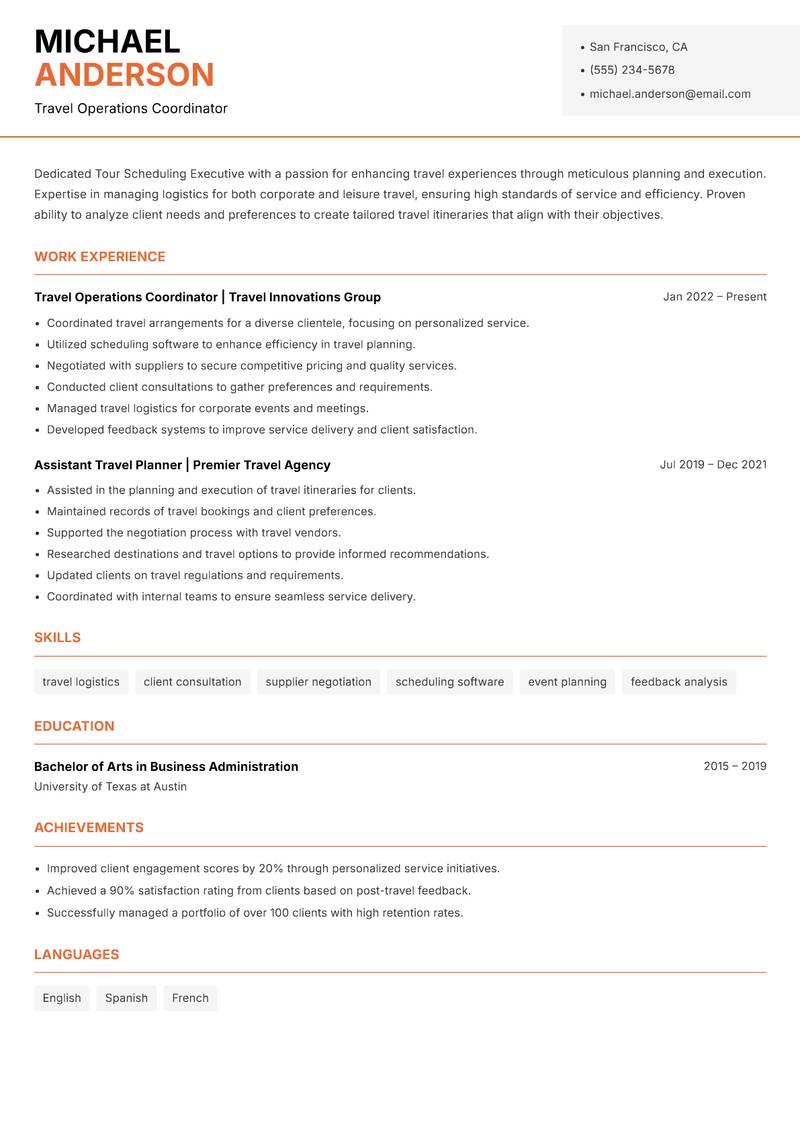 Tour Scheduling Executive resume sample — Travel Operations Coordinator focus