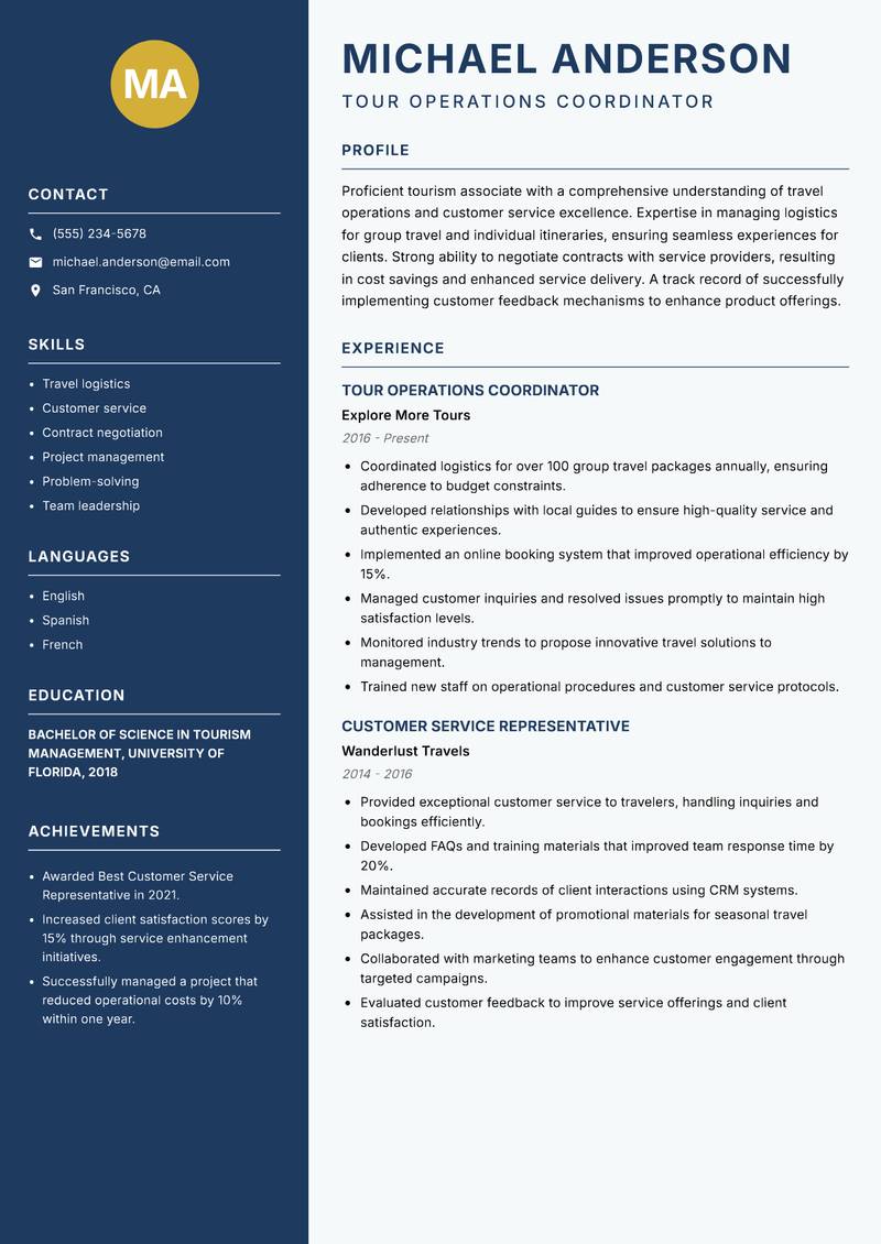 Tourism Associate resume sample — Tour Operations Coordinator focus