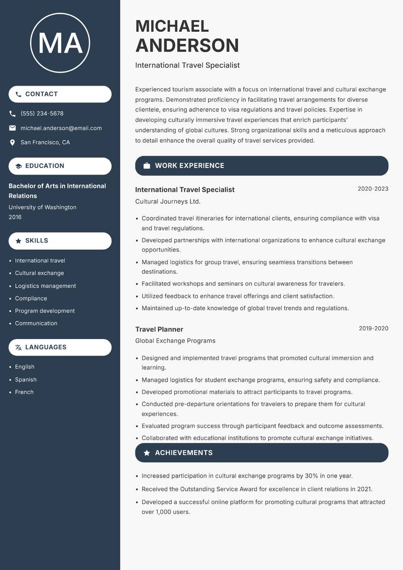 Tourism Associate resume sample — International Travel Specialist focus