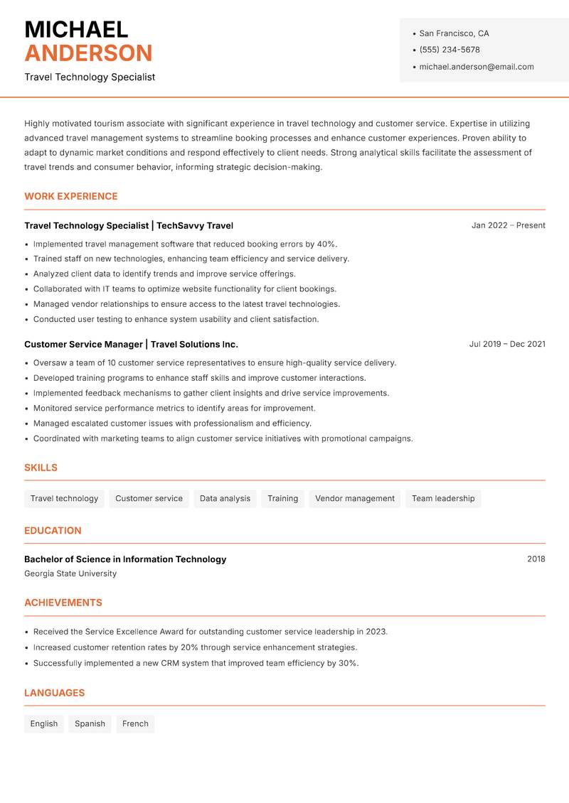 Tourism Associate resume sample — Travel Technology Specialist focus